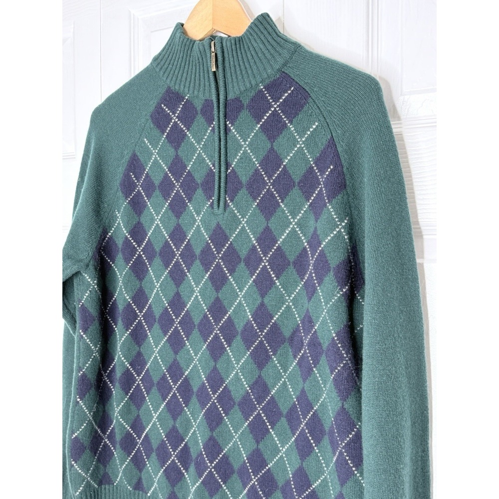 Brooks Brothers 346‎ Sweater 1/4 Zip Green/blue Argyle Wool Blend SZ M Preppy